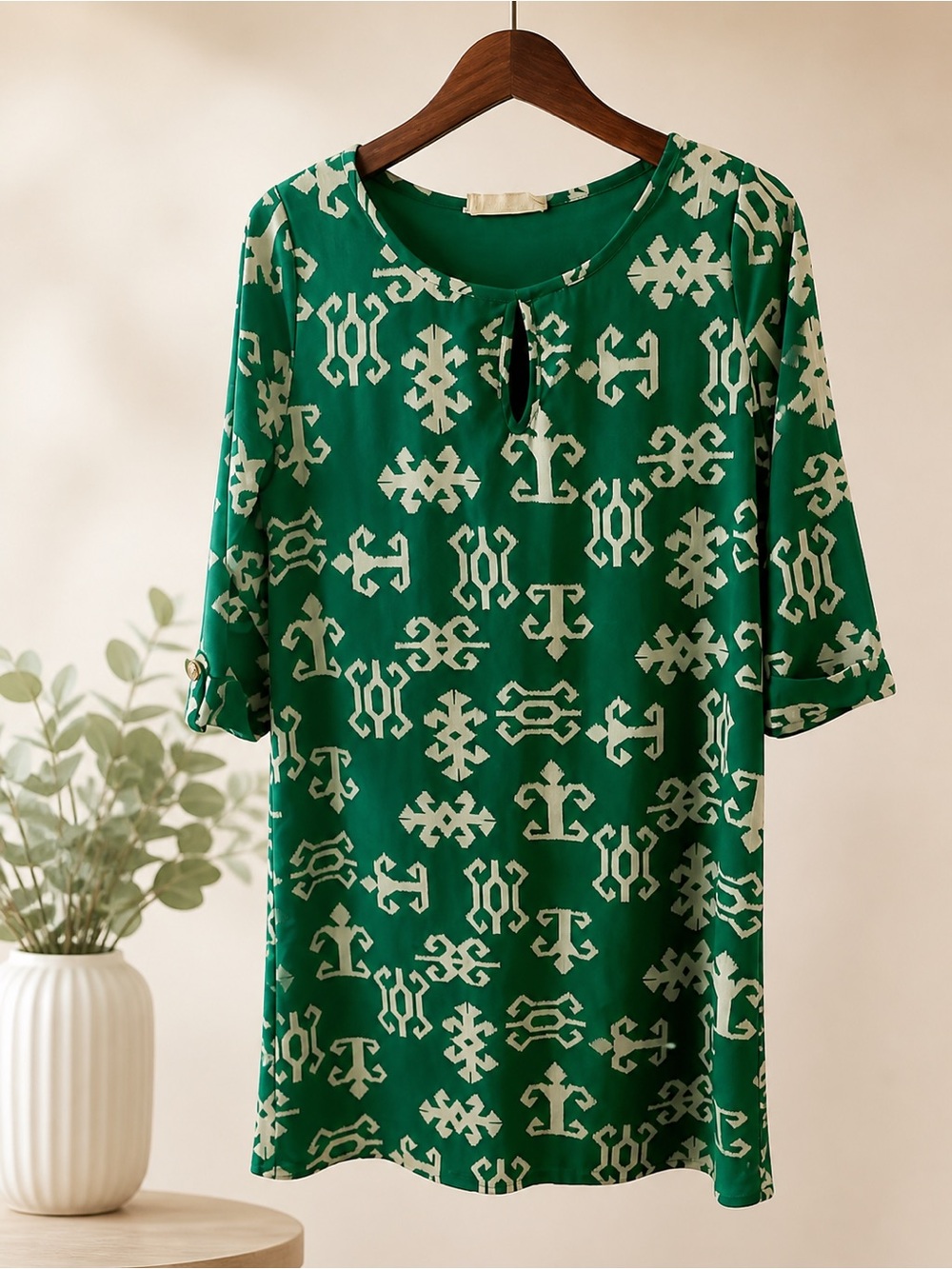Small Peach Love cream green and white dress with underlining.